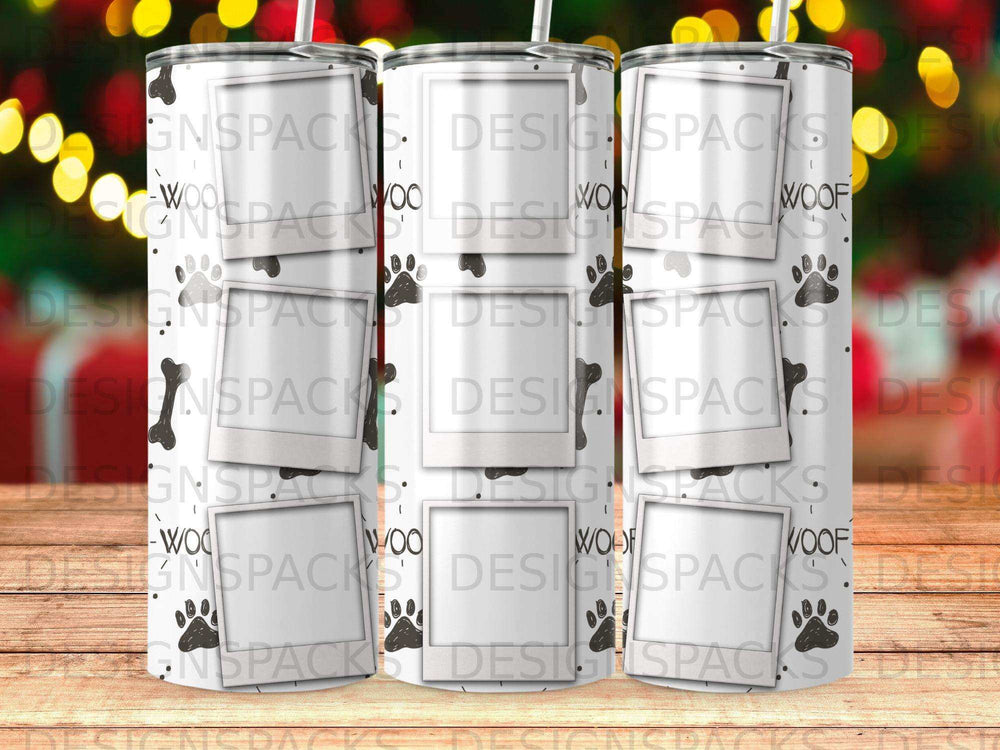 Tumbleweed tumbler with paw prints, bones, and "WOOF" text.
