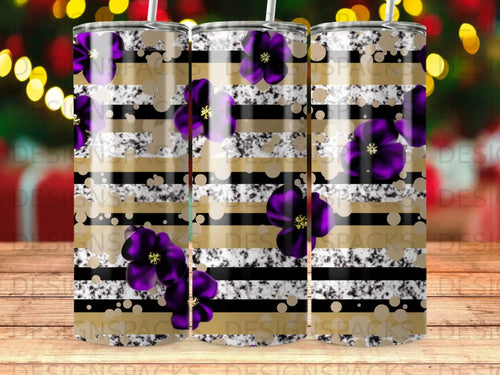Floral pattern with purple flowers on striped background with gold accents.