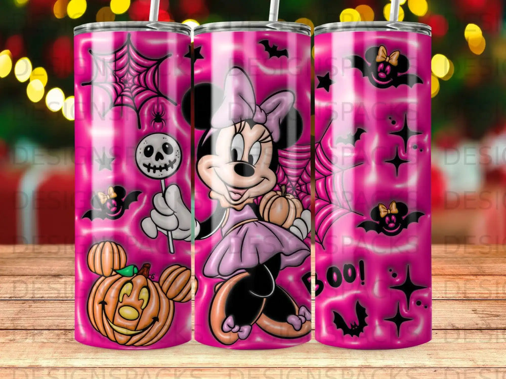 Minnie Mouse with pumpkin and lollipop, spooky Halloween pattern.