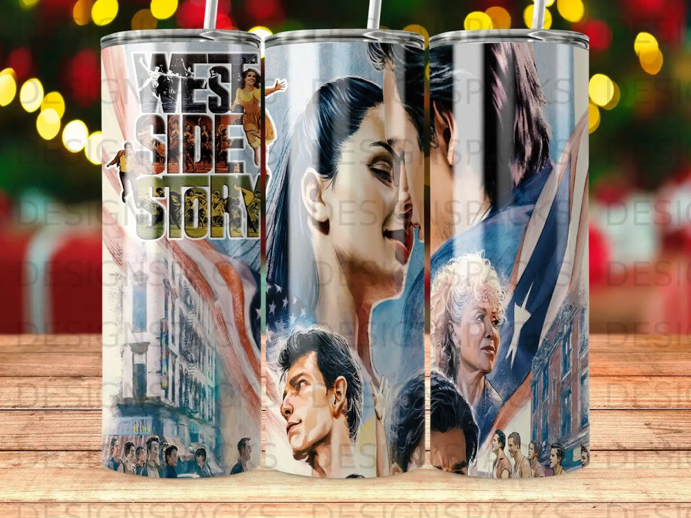 West Side Story movie poster art on three tumblers.