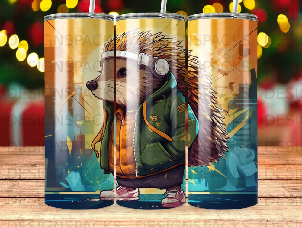 Hedgehog wearing headphones and a green jacket, with cityscape background.