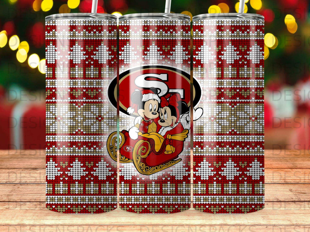 Mickey and Minnie Mouse in a sleigh on a San Francisco 49ers tumbler.