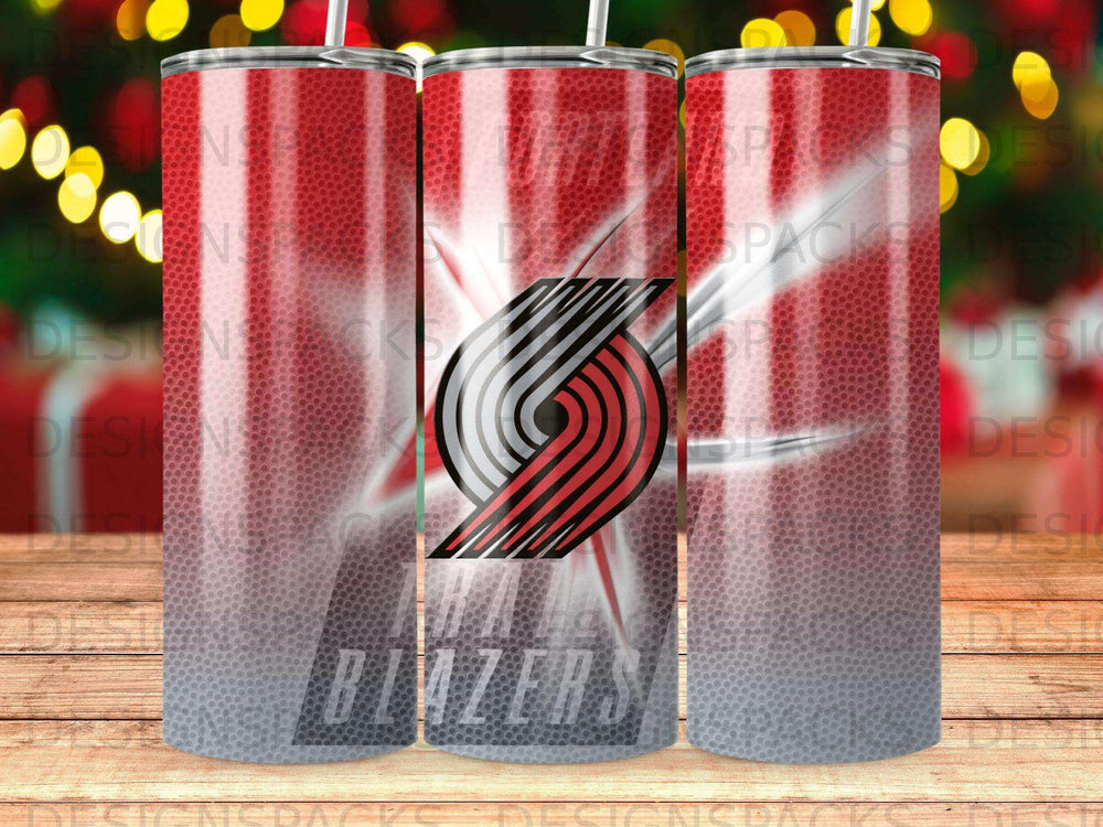 Portland Trail Blazers logo on a red and grey gradient tumbler.