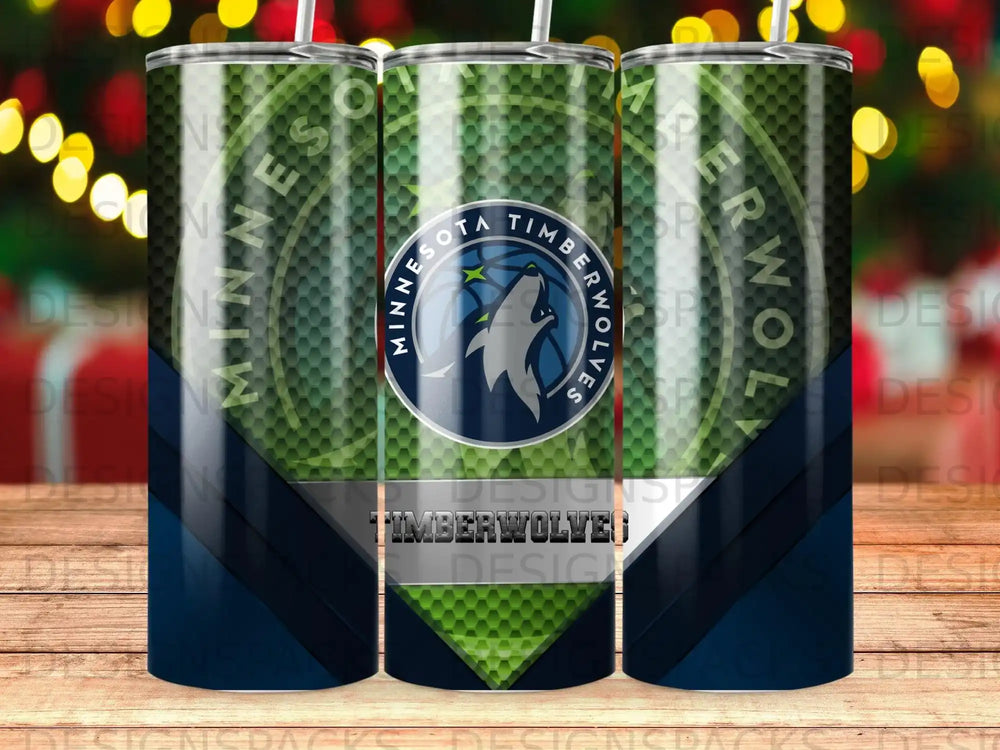 Minnesota Timberwolves logo on a green and blue geometric tumbler.