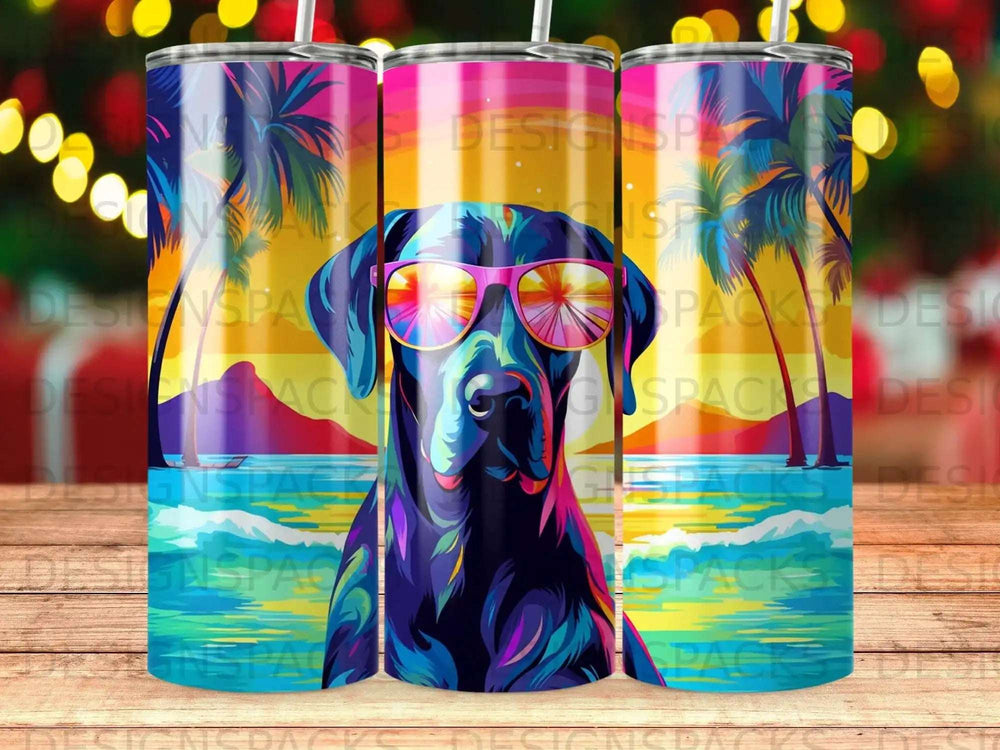 Colorful dog wearing sunglasses against a tropical beach sunset scene.