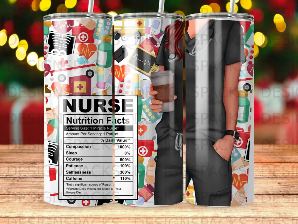 Nurse nutrition facts design on a tumbler with medical icons.