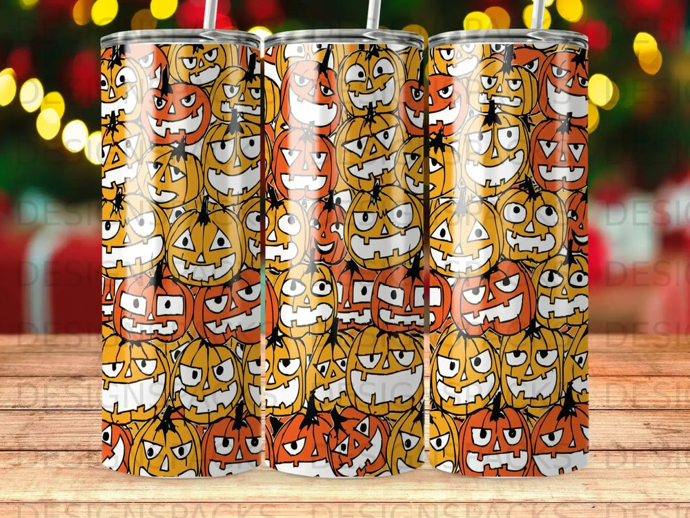 Pattern of carved jack-o'-lanterns with variations in eyes, noses, and mouths.