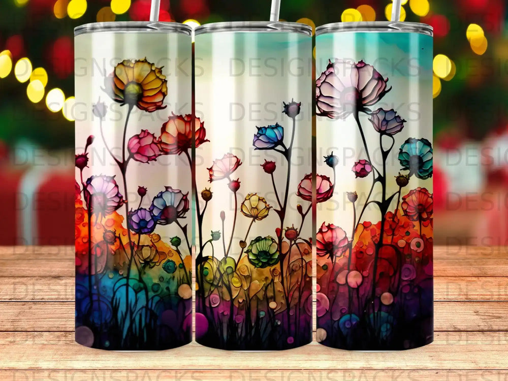 Colorful abstract floral pattern with watercolor blooms and green grass.