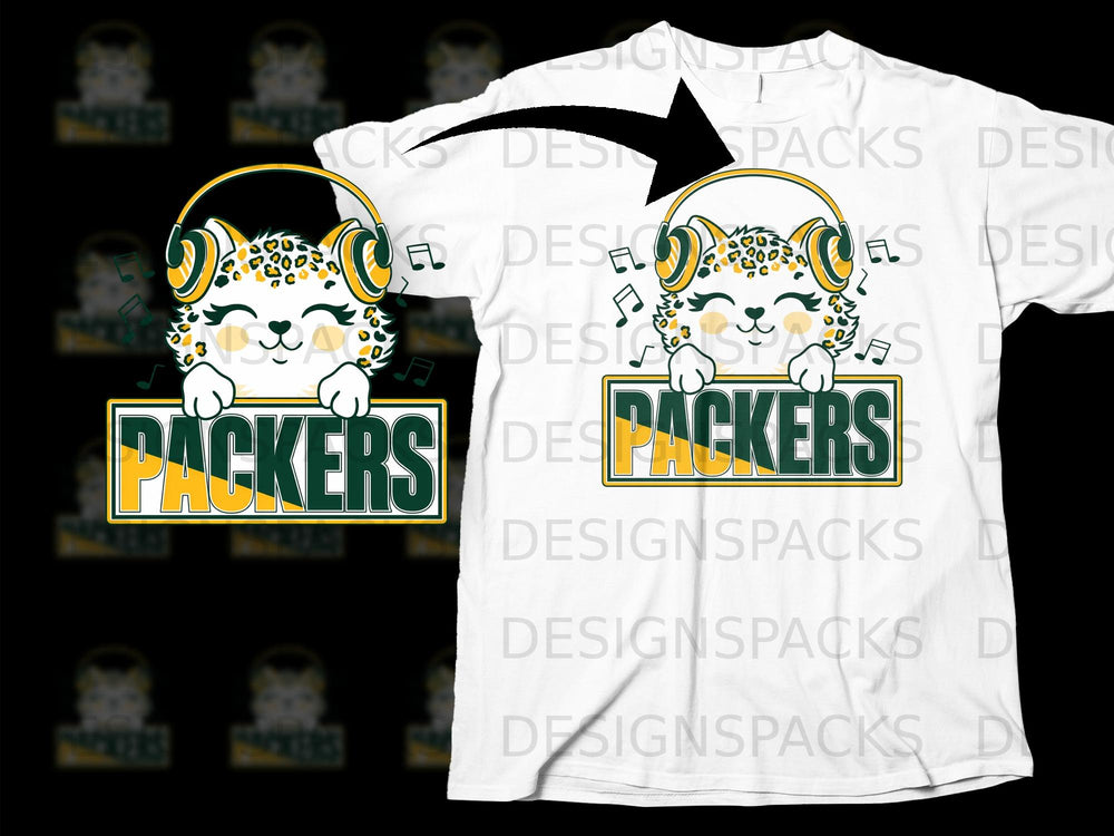Packers logo with a cartoon leopard wearing headphones and music notes.