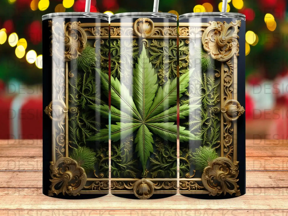 Green marijuana leaf with ornate gold frame, on a black background.