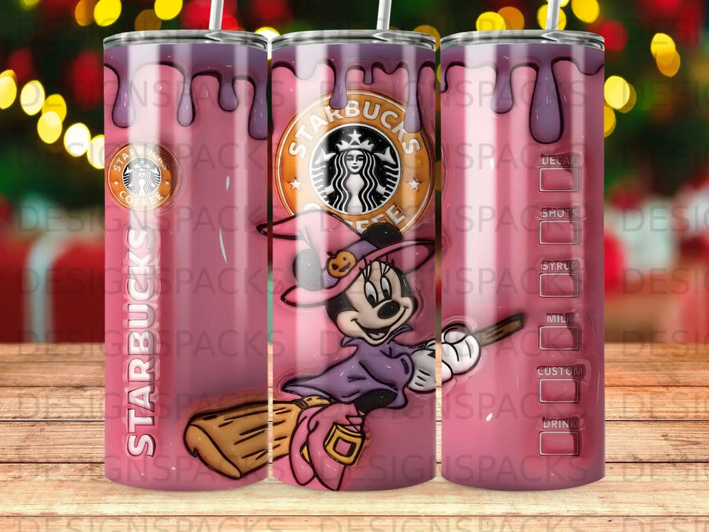 Starbucks tumbler with Minnie Mouse in a witch costume and coffee drink options.