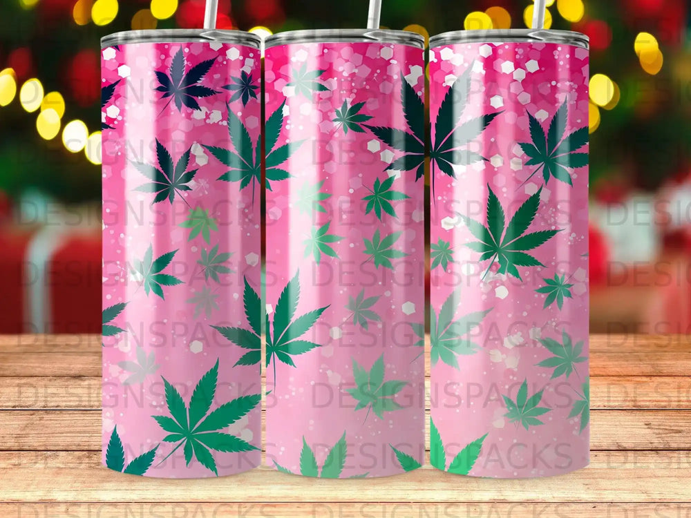 Pink tumbler with repeating cannabis leaf pattern and glitter accents.