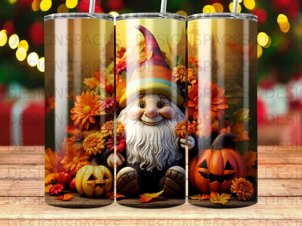 Gnome with pumpkins and fall flowers on a tumbler.