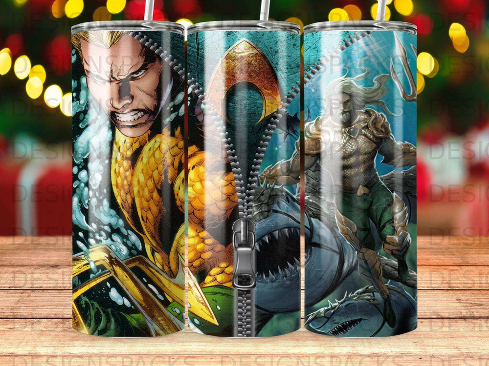 Aquaman in comic art style with sharks, centered with a zipper graphic.