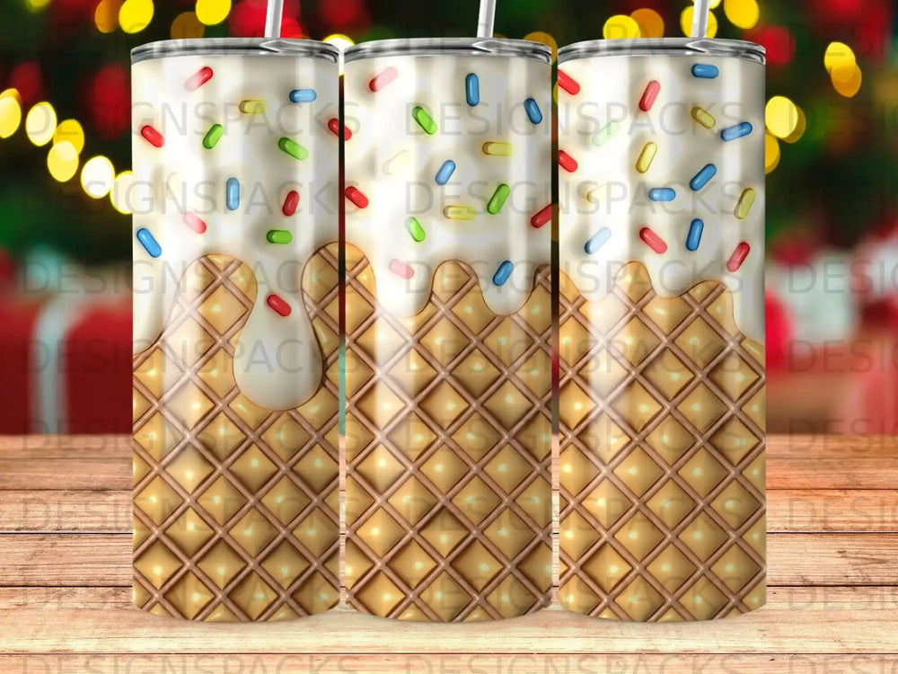 Ice cream cone pattern with dripped white icing and sprinkles on tumblers.