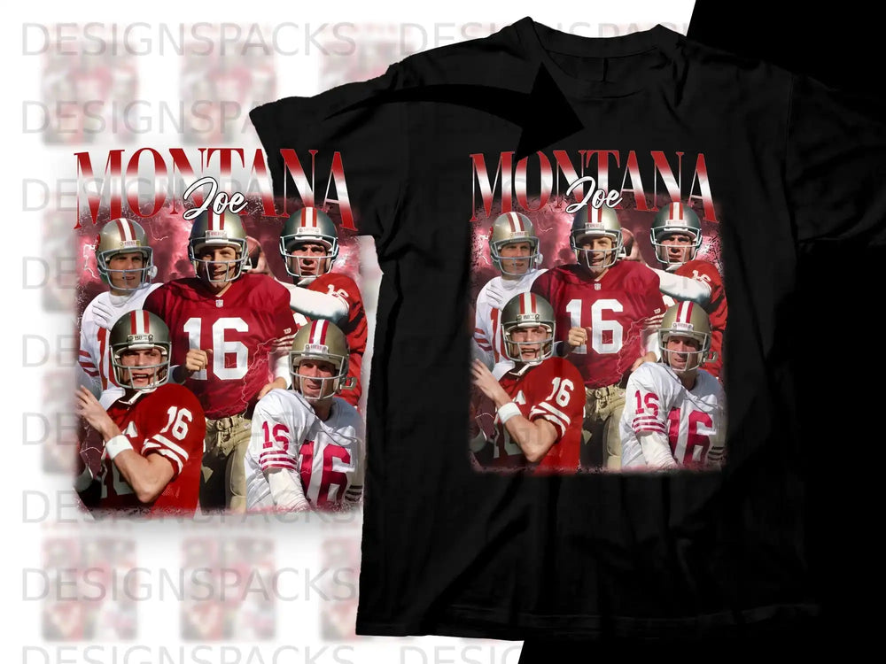 T-shirt design featuring Joe Montana in his 49ers uniform with the number 16.