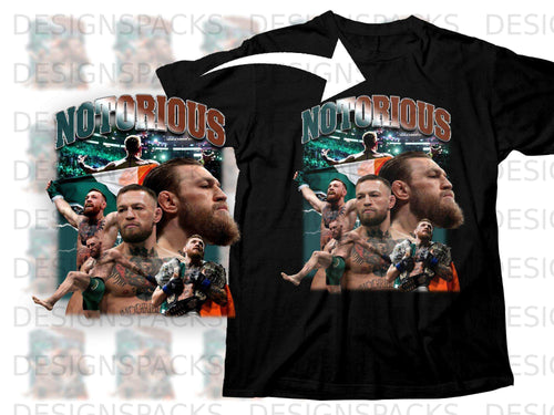 T-shirt with McGregor's face, championship belts, and 