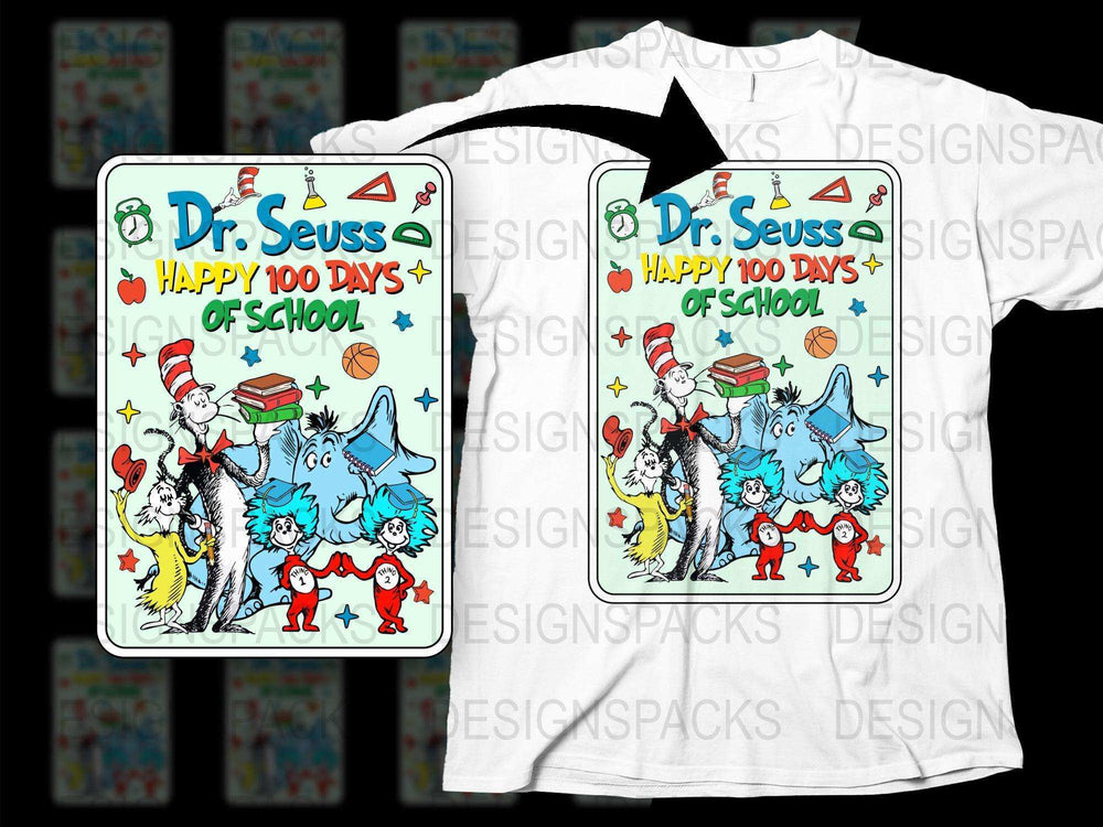 Dr. Seuss Inspired 100 Days of School T-Shirt, Colorful Cartoon Characters, Kids and Adult Sizes Available