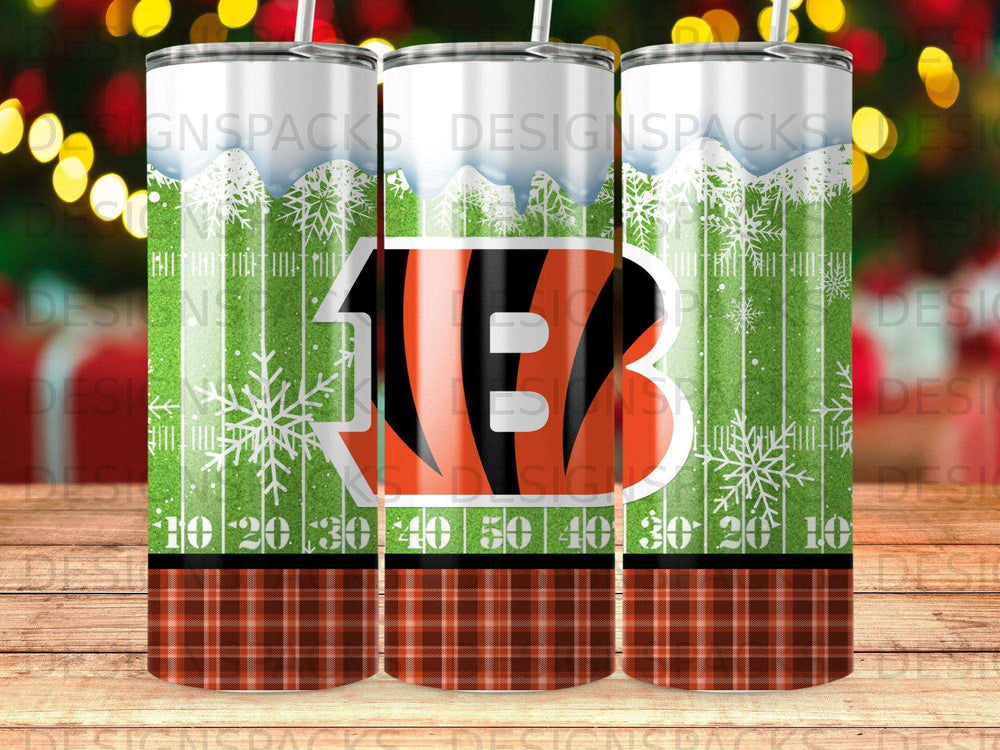 Cincinnati Bengals logo on a festive holiday-themed tumbler with plaid and snowflakes.