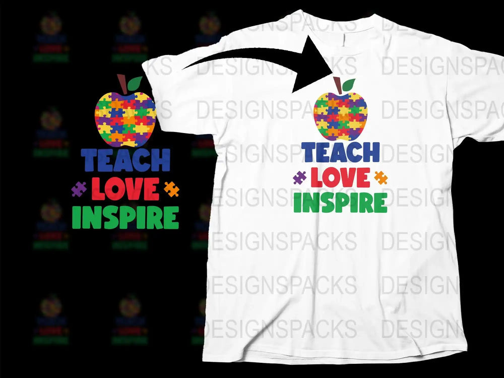 Autism Awareness T-Shirt Teach Love Inspire Puzzle Apple Graphic Tee Teacher Gift Unisex Fashion
