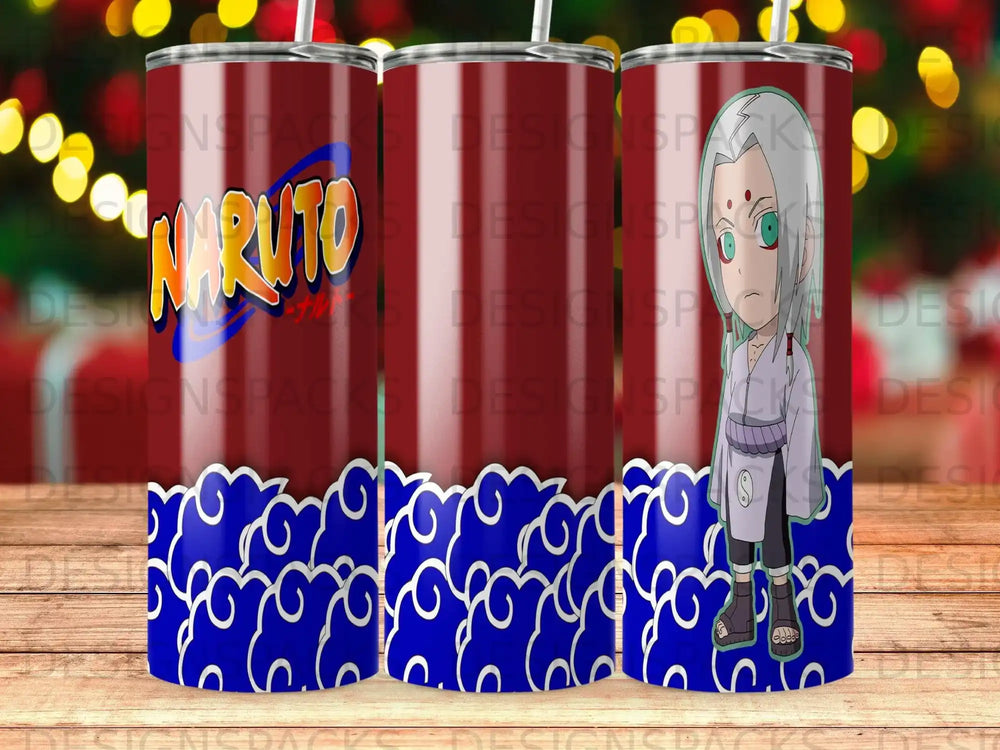 Naruto and Saskue character design on tumbler with blue cloud pattern.
