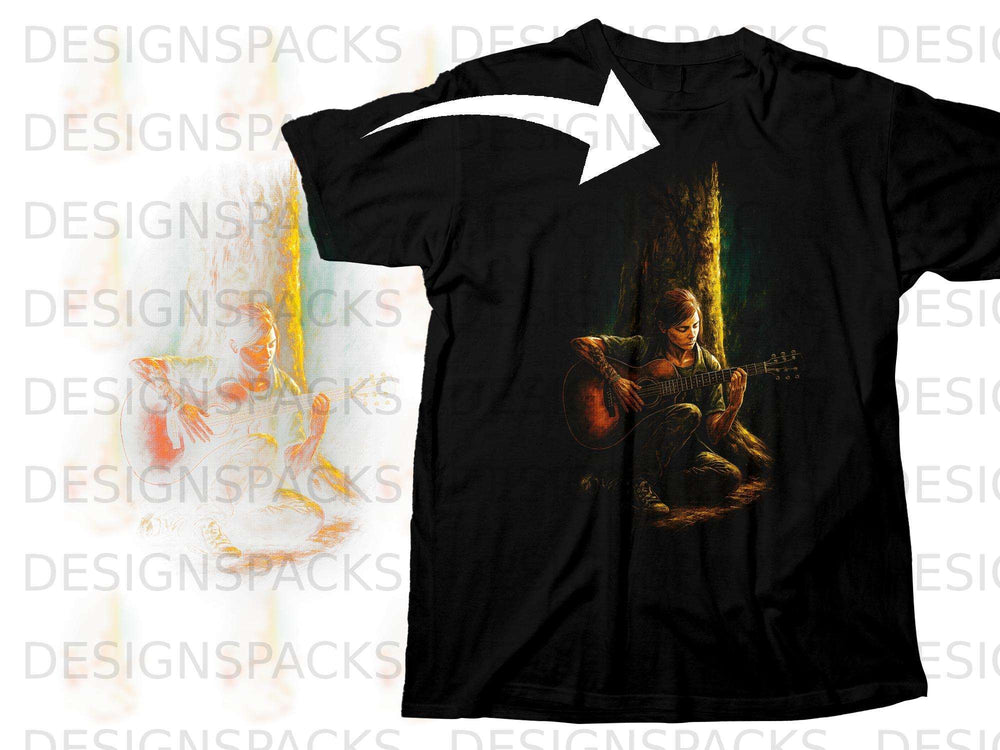 Black t-shirt with Ellie playing guitar in a forest graphic.