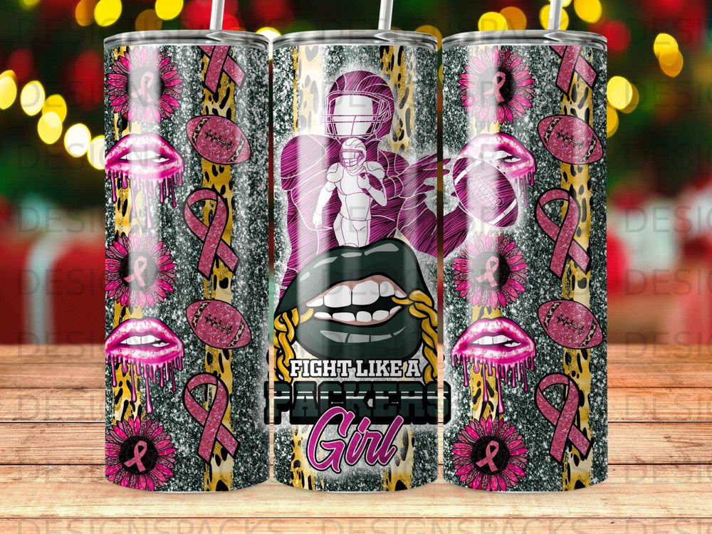Football player with glitter lips and ribbon pattern on tumbler.