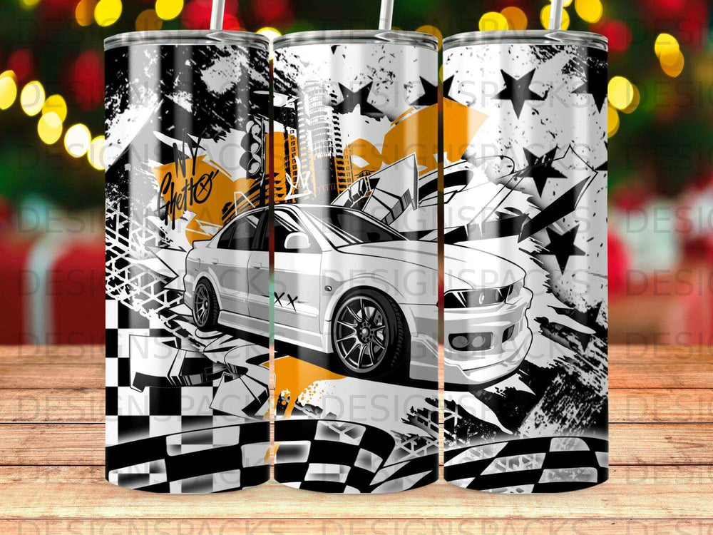 White sports car with checkered flag and abstract graphic design on tumbler.