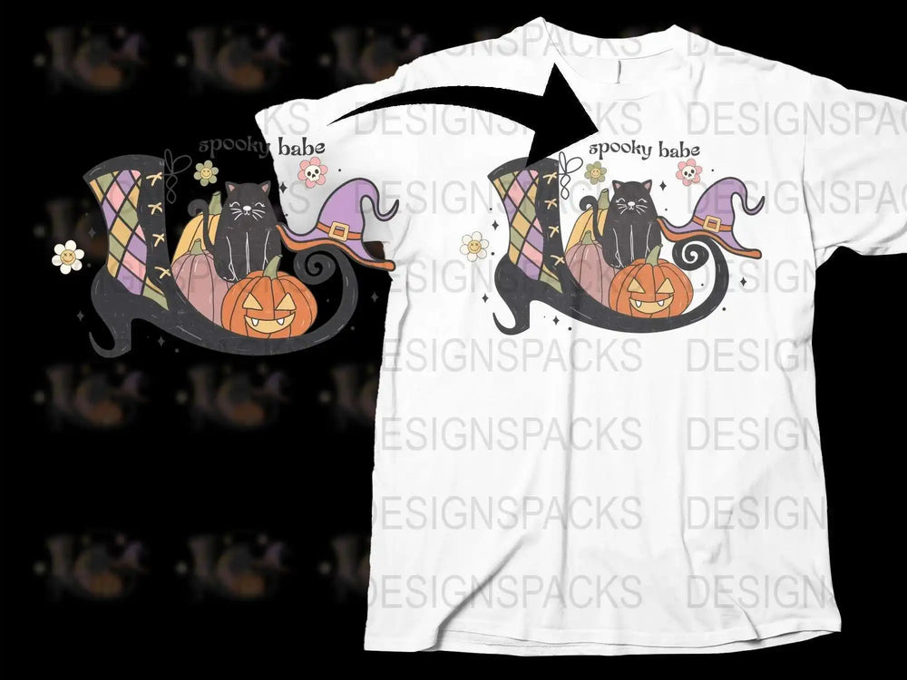 Halloween Themed T-Shirt with Cute Cats, Pumpkins, Ghosts | Spooky Babe Graphic Tee for All Ages