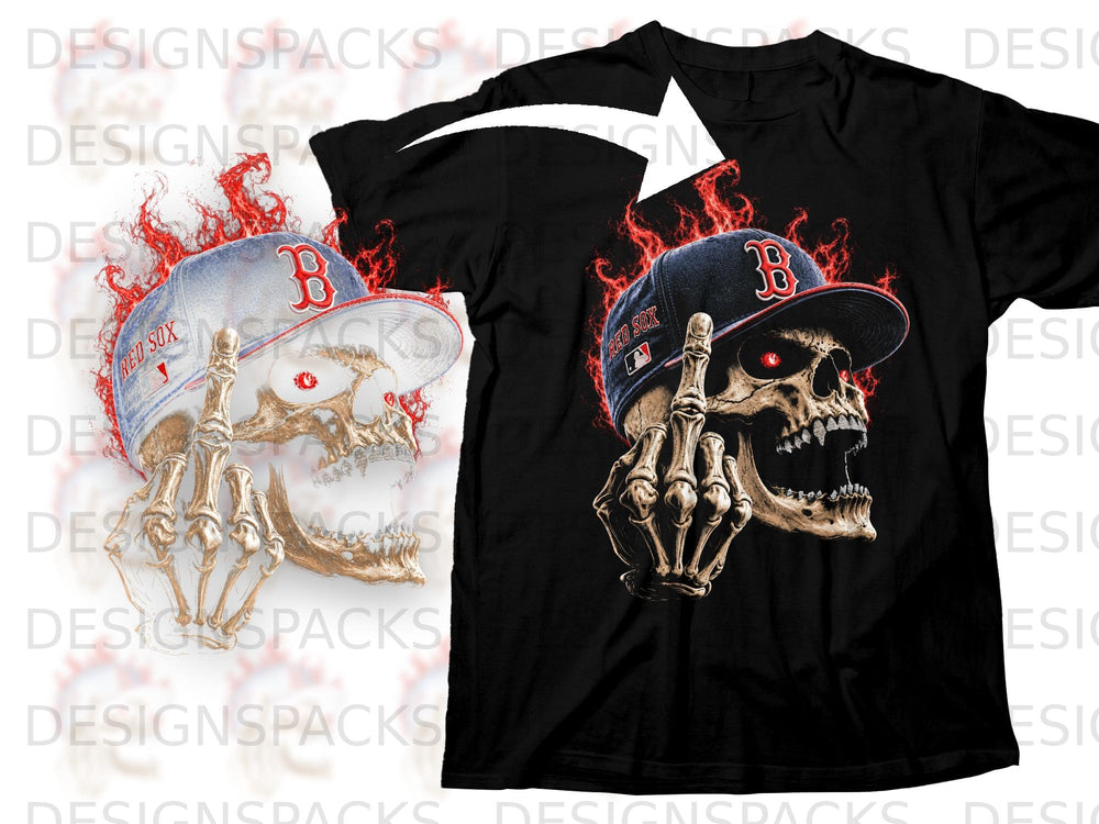 Black t-shirt with a flaming Boston Red Sox cap-wearing skull graphic.