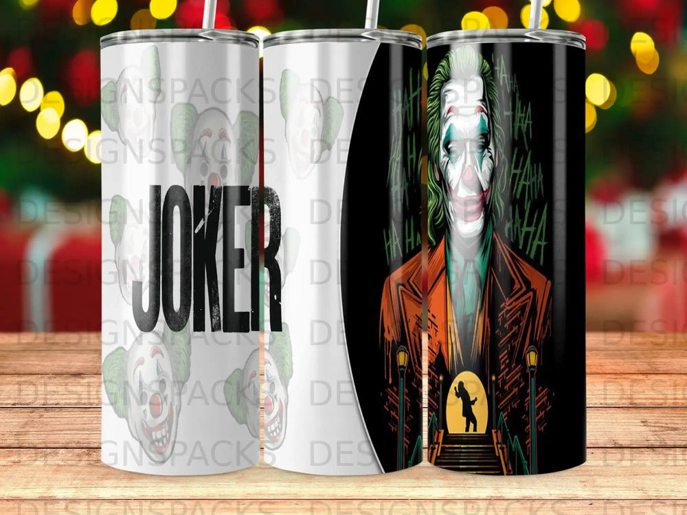 Joker character artwork with text on a black tumbler.