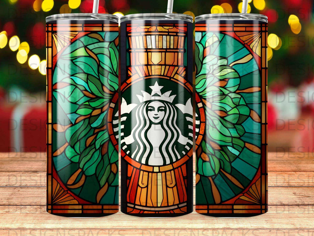 Starbucks logo in stained glass pattern with green and orange geometric designs.