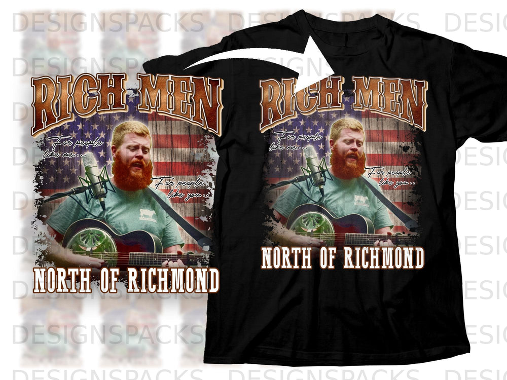 Black t-shirt with "Rich Men North of Richmond" graphic featuring a man with a guitar.