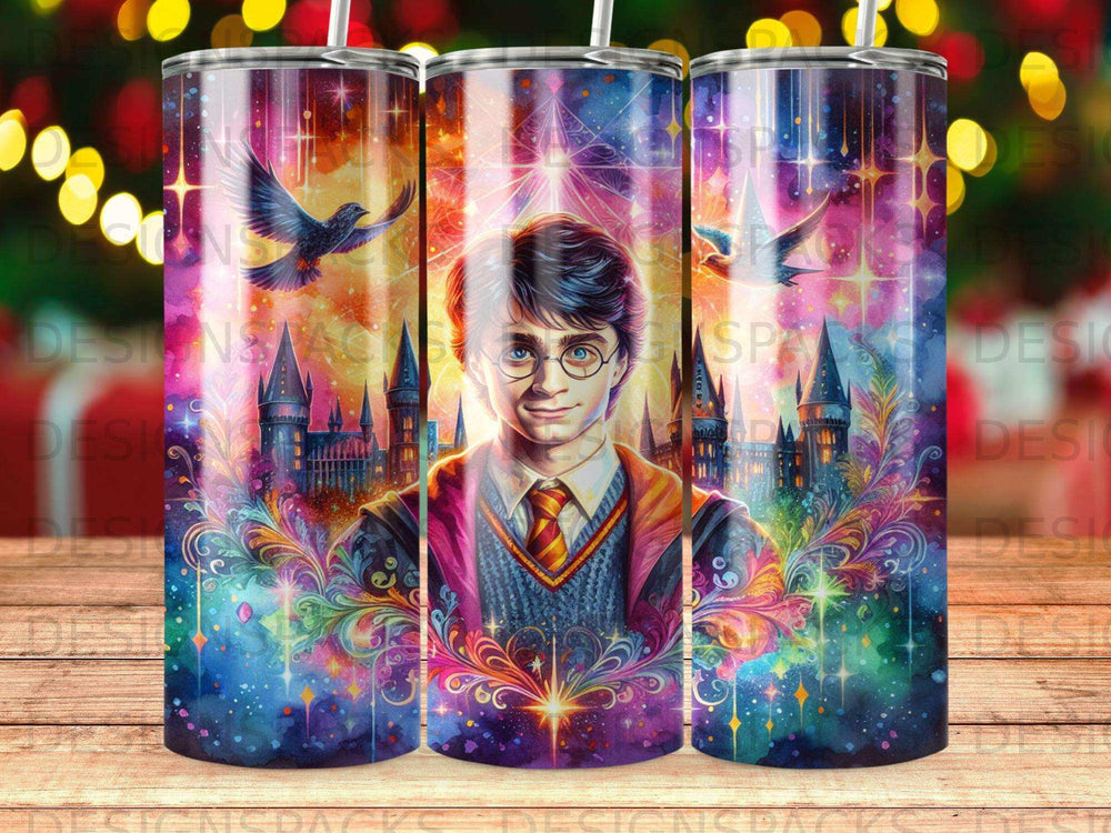 Harry Potter character with Hogwarts castle, stars, and colorful fireworks.