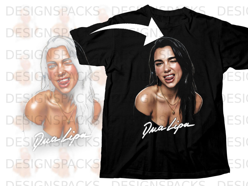 Black t-shirt with a portrait of Dua Lipa and her signature.