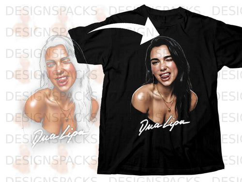 Black t-shirt with a portrait of Dua Lipa and her signature.
