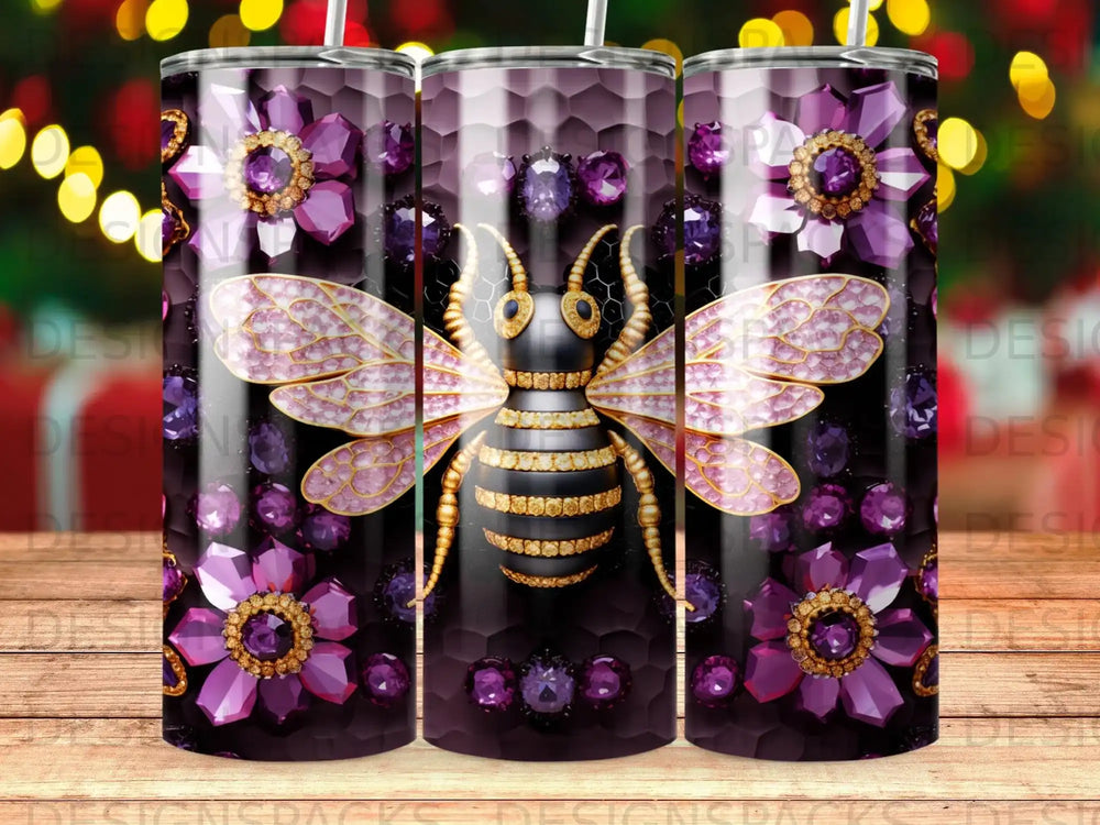 Bee with jeweled wings and purple floral accents on hexagonal background.