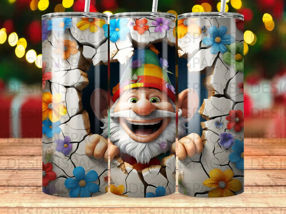 Happy gnome with colorful flowers breaking through a cracked surface.