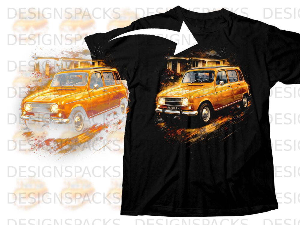 Orange Renault 4 on a black t-shirt with artistic splash design.