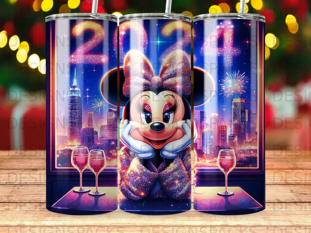Minnie Mouse in sparkly outfit with cityscape and fireworks behind.