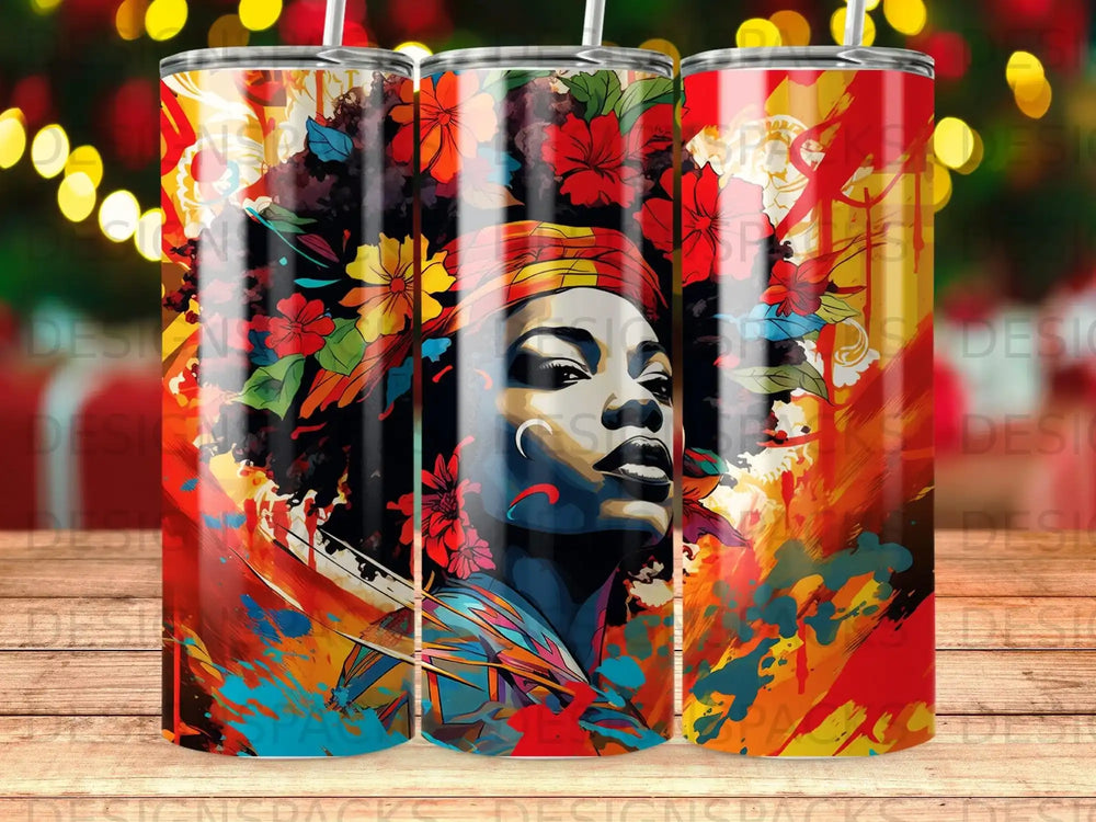 Tumbler with vibrant abstract art of a woman with flowers in her hair.