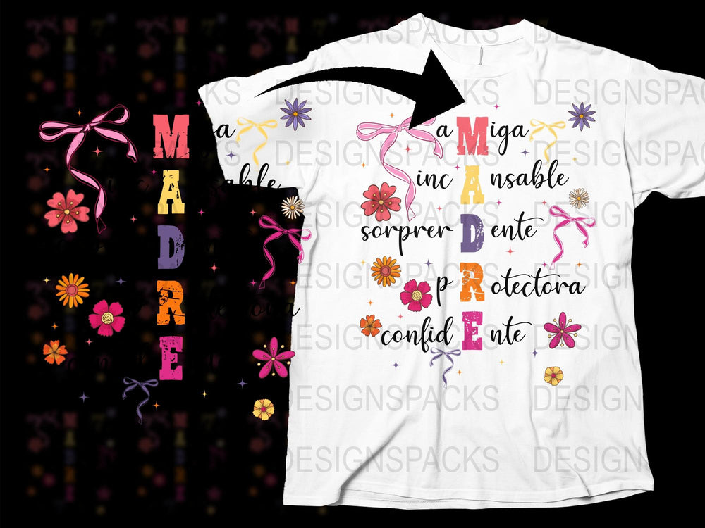 Colorful Madre T-shirt, Spanish Mother's Day Gift, Floral Graphic Tee, Feminine Design, Bright Text Shirt