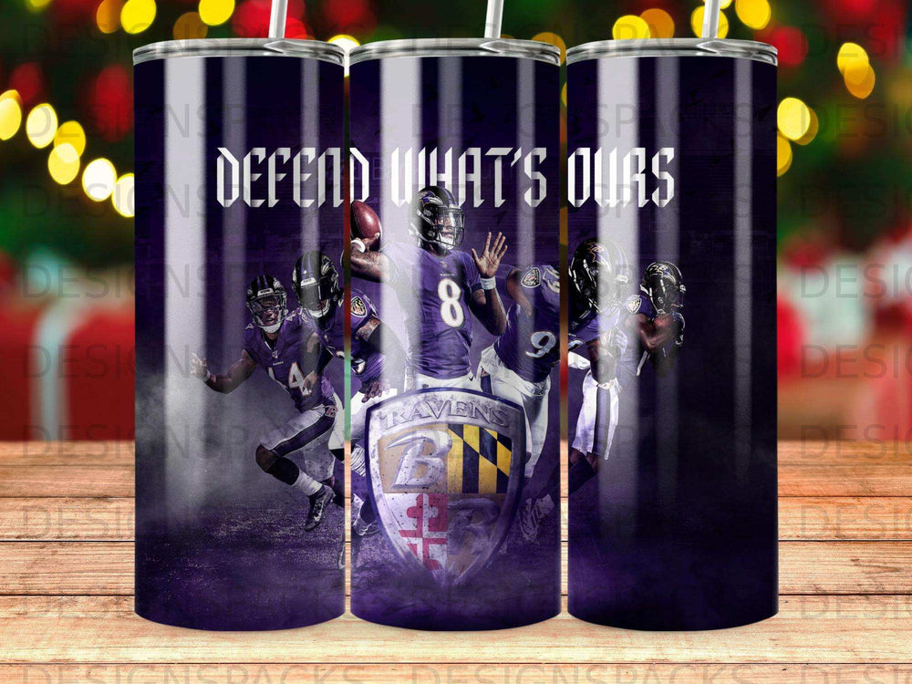 Baltimore Ravens football helmet with "Defend What's Ours" text.