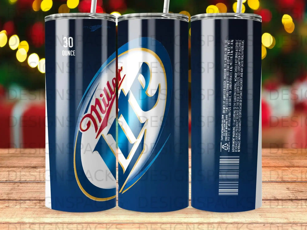 30 ounce Miller Lite tumbler with branding and text details.