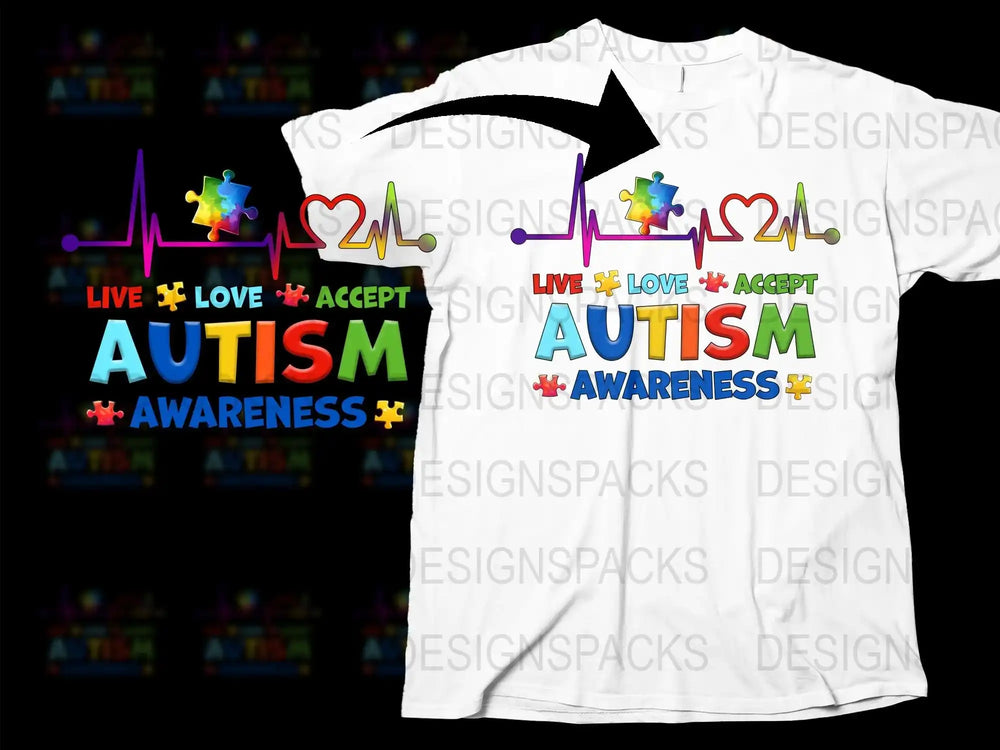 Autism Awareness T-Shirt Colorful Puzzle Pieces Live Love Accept Design Unisex Tee
