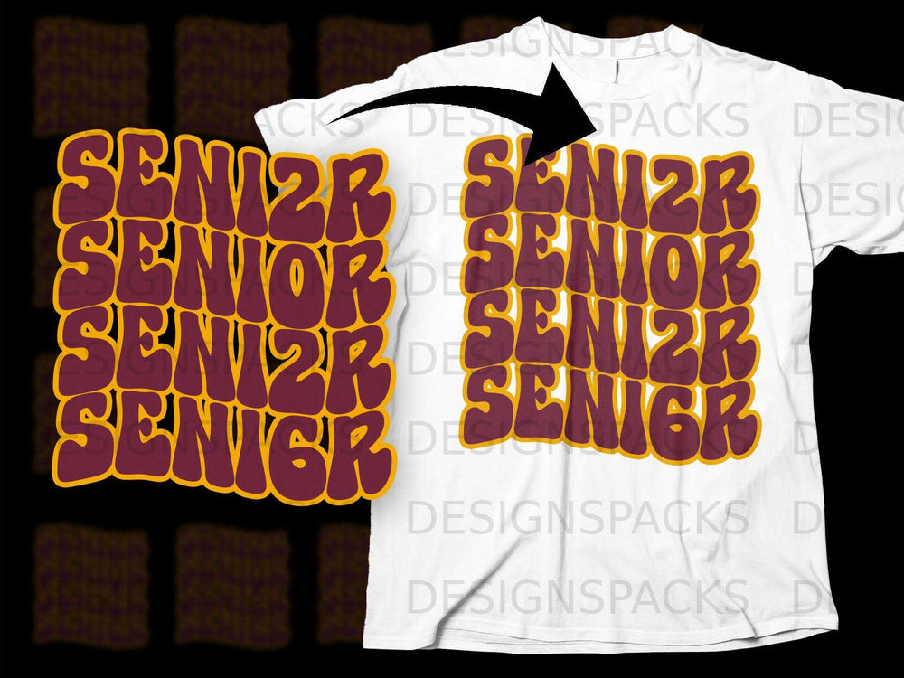 White t-shirt with maroon and yellow "SENIOR" text in stacked blocks.