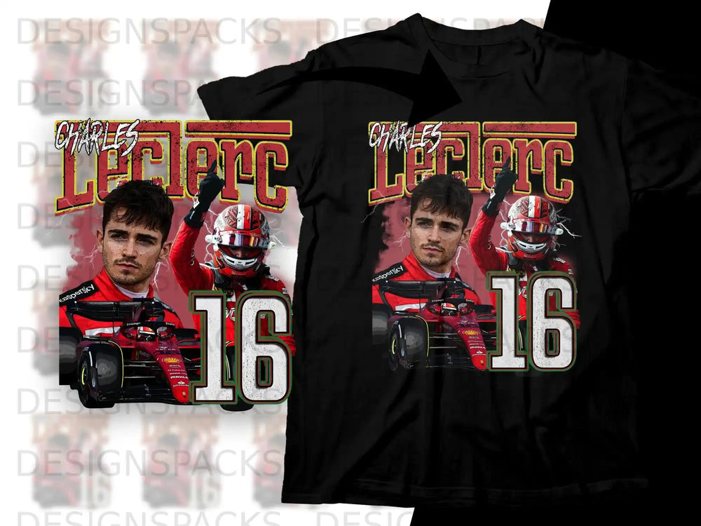 Charles Leclerc Formula 1 racing graphic with car and helmet on black t-shirt.