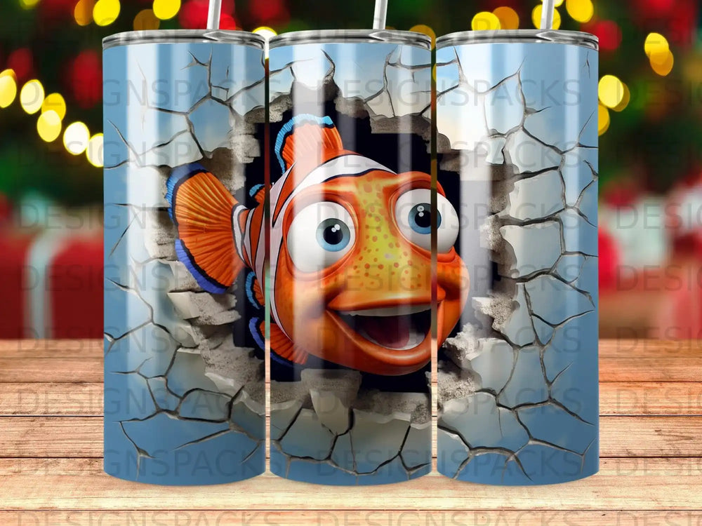 Nemo the clownfish bursting through a cracked blue wall.