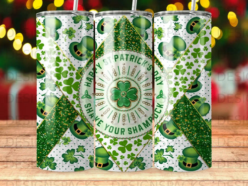 St. Patrick's Day themed tumbler with shamrocks, hats, and text.