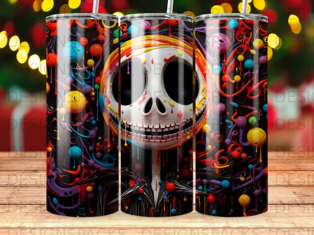 Jack Skellington skull with colorful drips and beads on a tumbler.